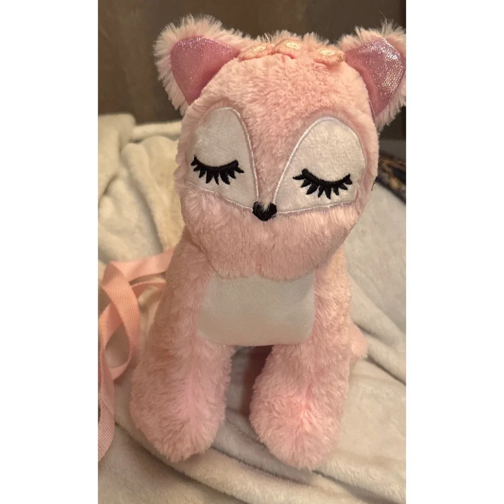 Pink Plush Fox Kitten Kids Faux Fur Crossbody Purse Embroidered Eyes 9 Inch